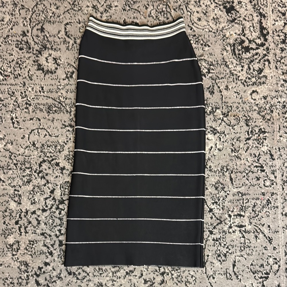 Herve Leger Black + White Striped Bandage Midi Skirt